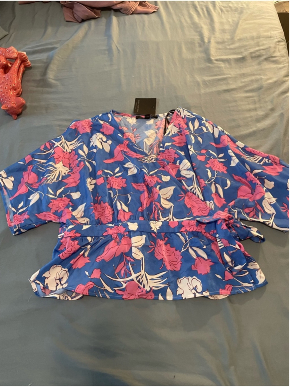 Marc New York Floral Wrap Peplum Top in Blue and Pink